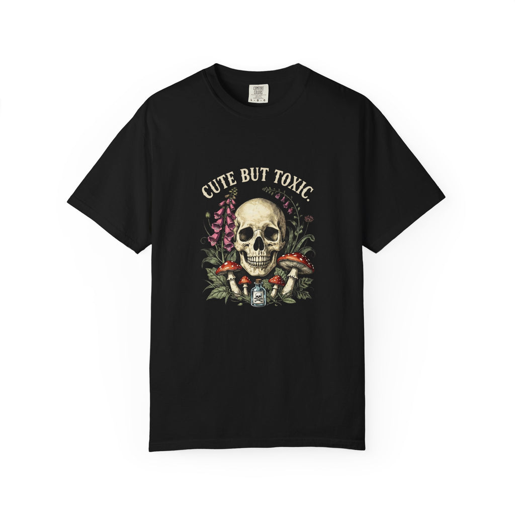 Skull & Mushrooms T-Shirt — "Cute But Toxic" Botanical Tattoo Tee